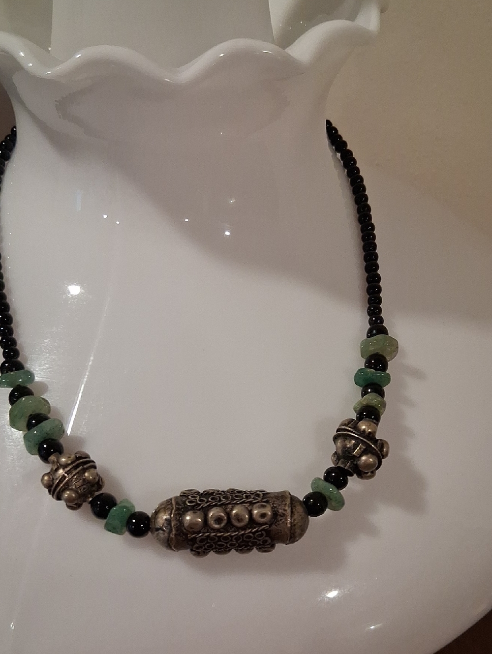 Green Bead Necklace with Silver-Tone Decorative Focal